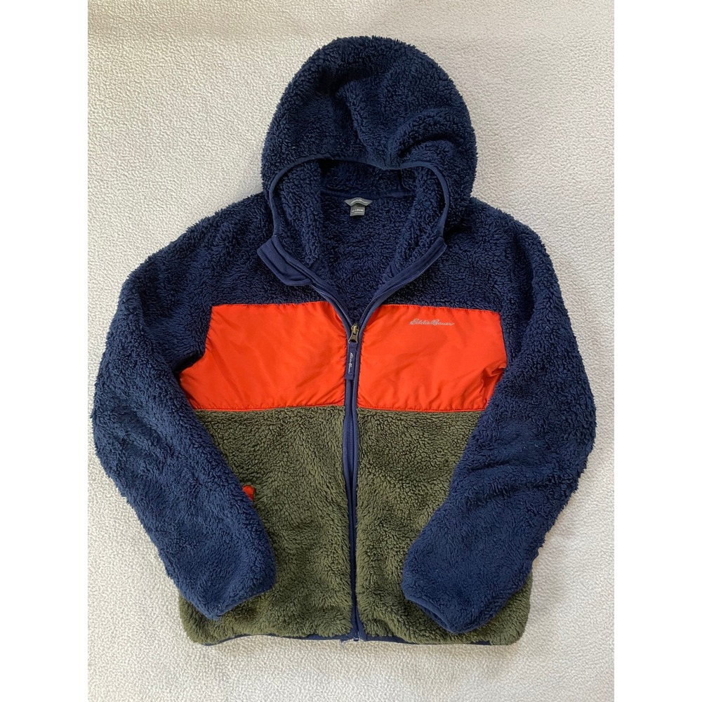Eddie Bauer Kids Large Fleece Hoodie Navy Orange Green Colorblock 9310W670